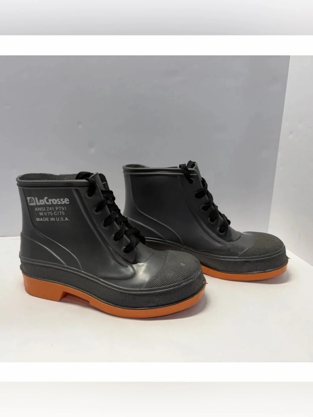 LaCrosse Vintage Rubber Steel Toe Work Safety Boots Orange Sole USA Size 7